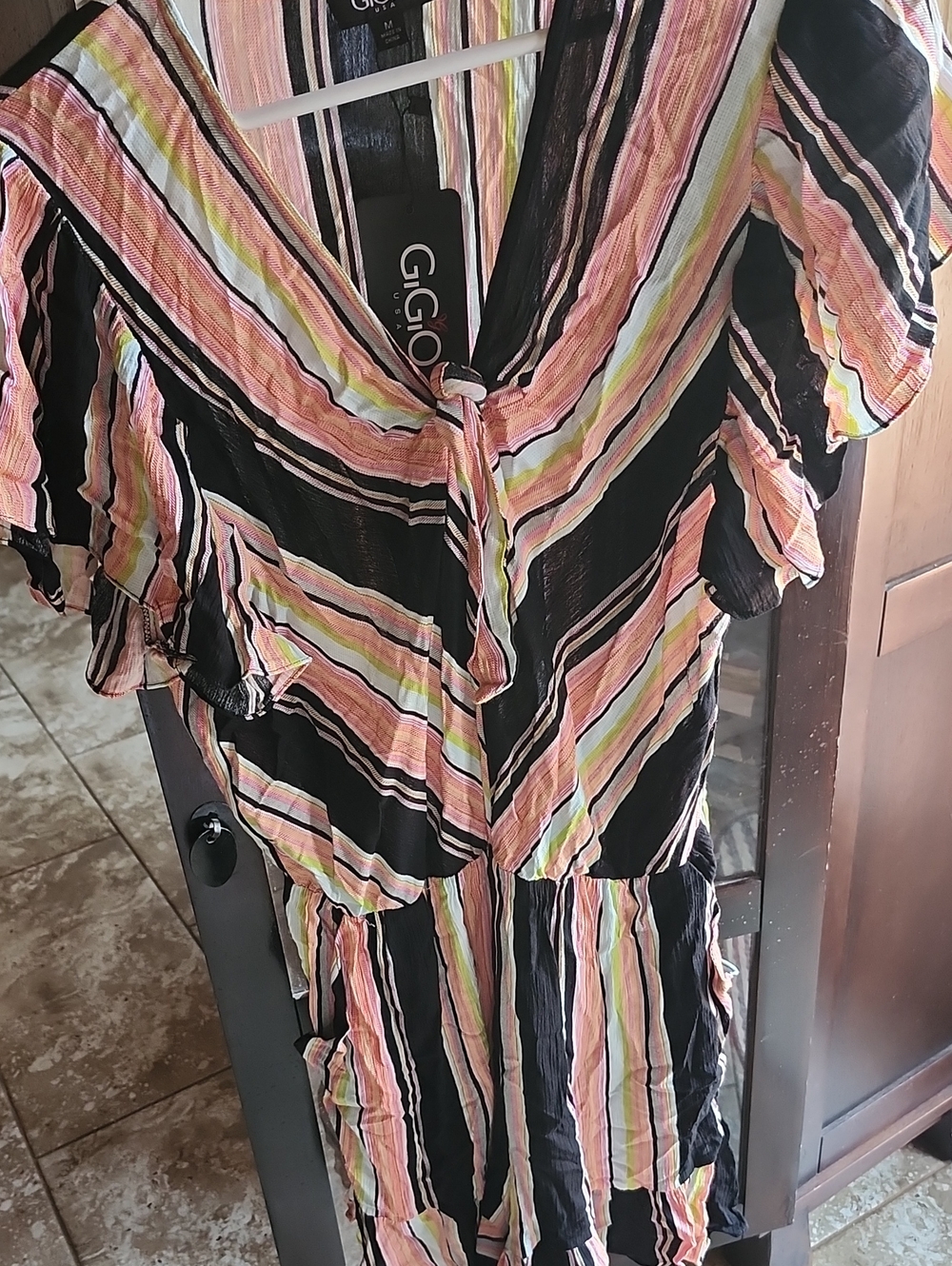GiGio Black Multicolor Striped Tie-Front Jumpsuit